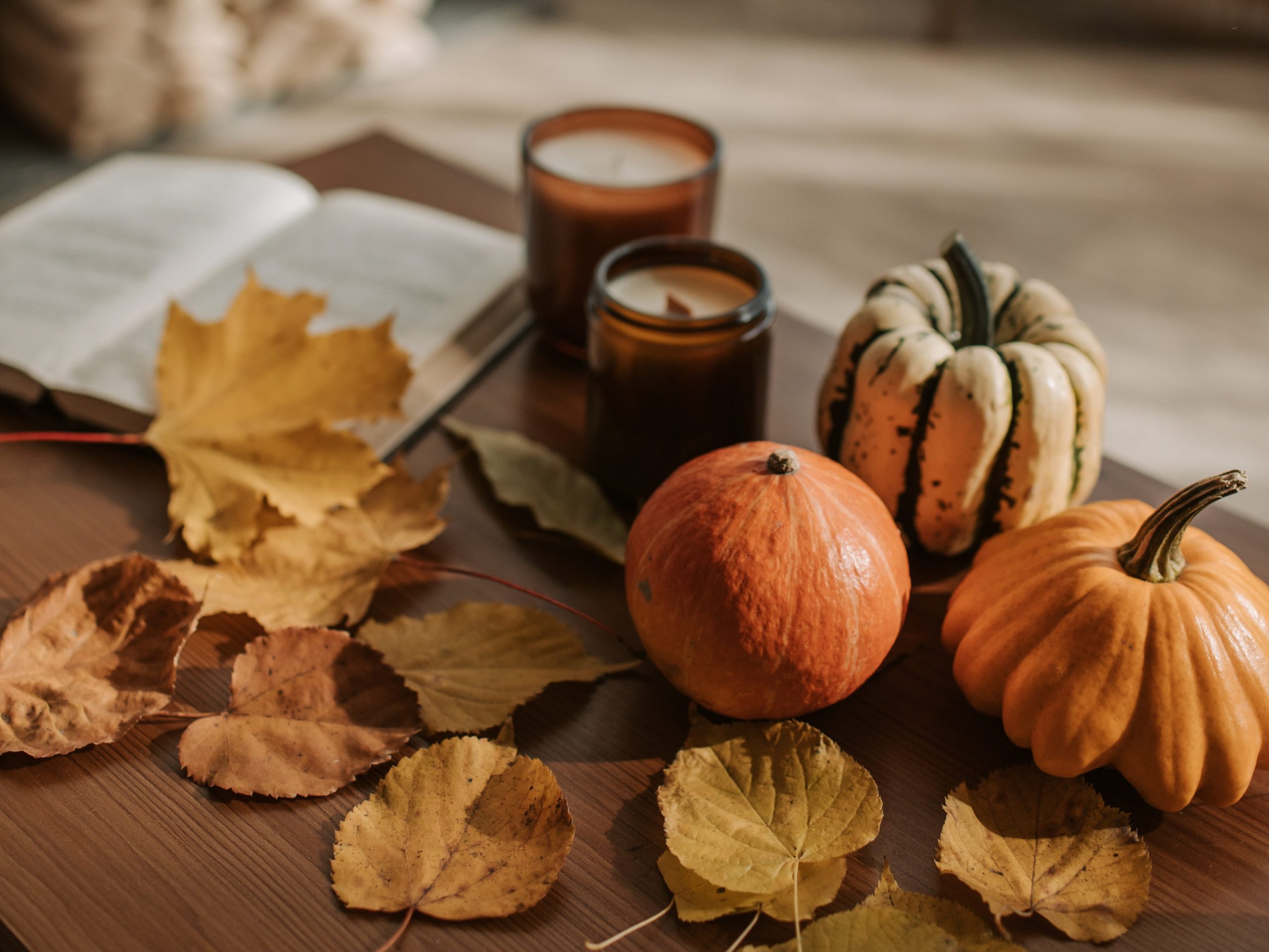 Varias calabazas y hojas secas hacen un hermoso ambiente otoñal